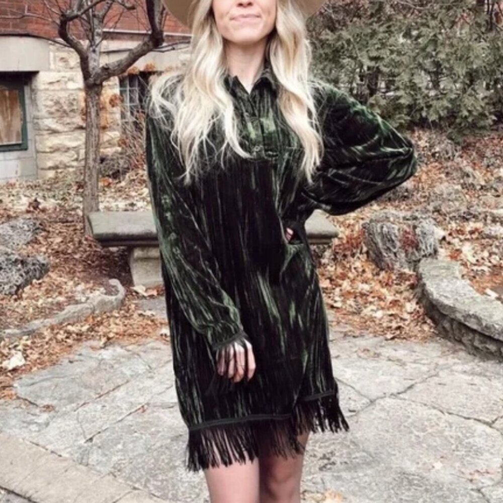 Something Navy Phoebe Long Sleeve Shirt Fringe Dress - Crushed Emerald Velvet - Picture 3 of 3